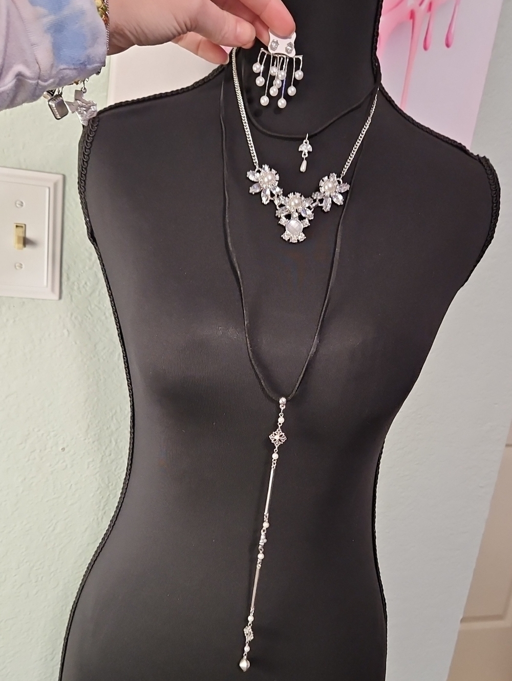 Silver-Tone Multi-Layer Necklace Set with Pearl Accent in Silver